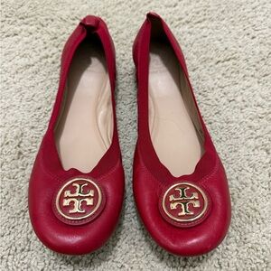 Tory Burch Cherry Red Flats with Gold Emblem